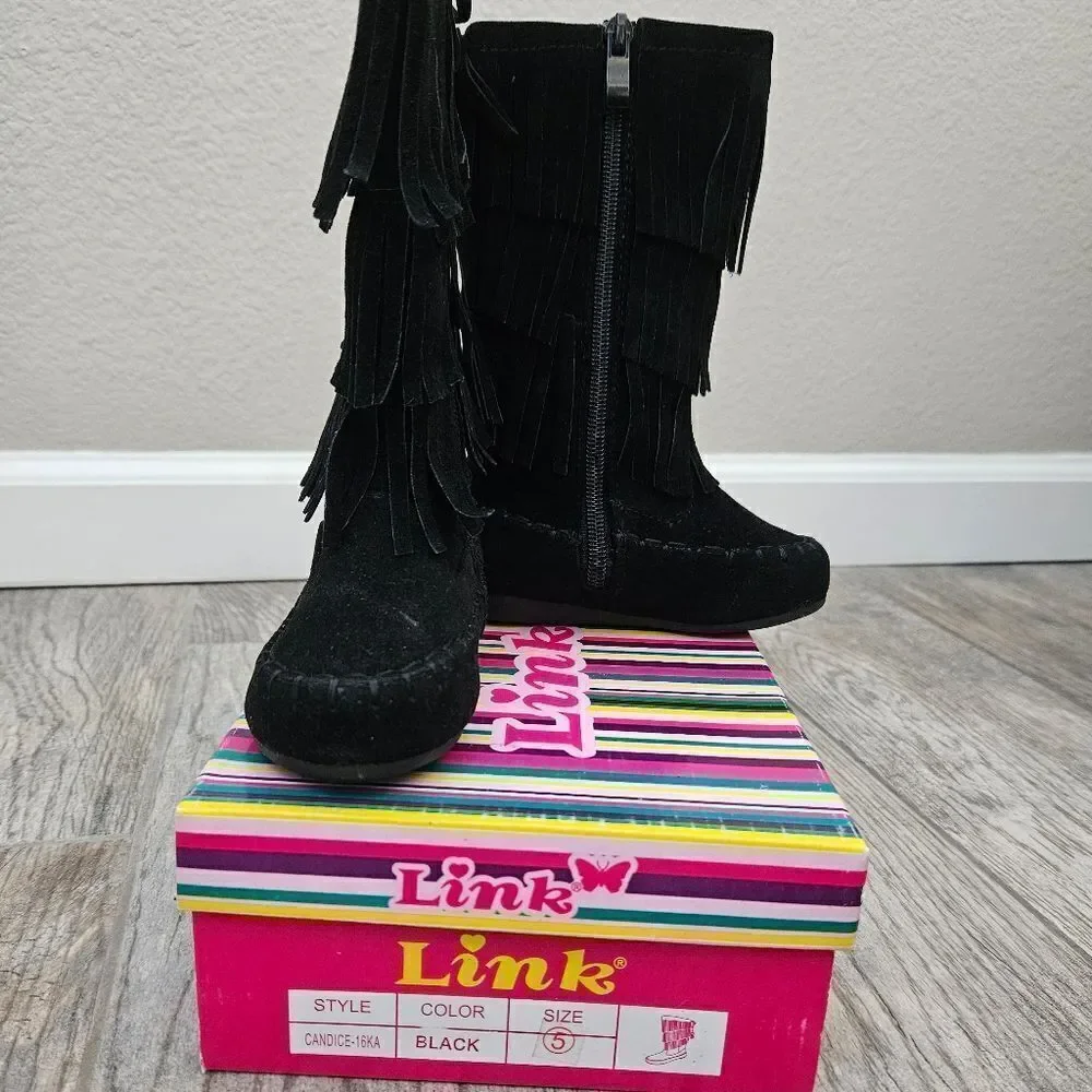Link Candice 16KA Black Faux Suede Fringe Mid Calf Boots Size 5T
